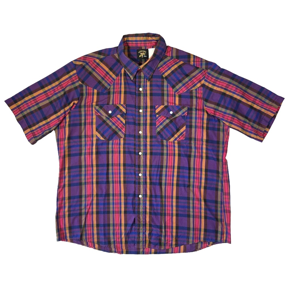 Vtg 90s Saddle King Shirt Mens XL Western Plaid Purple Short Sleeve Cowboy Rodeo